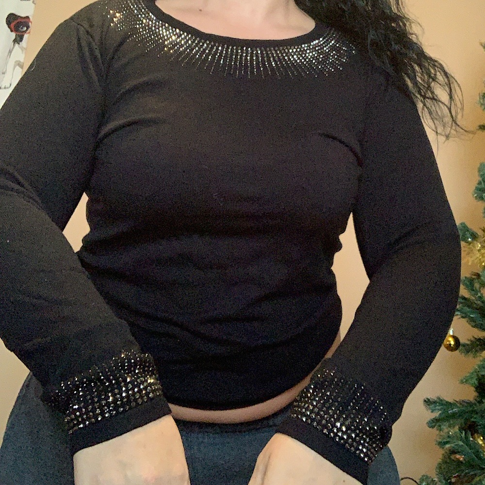 Unbranded beautiful soft black long sleeve top with Diamond cuffs and neck